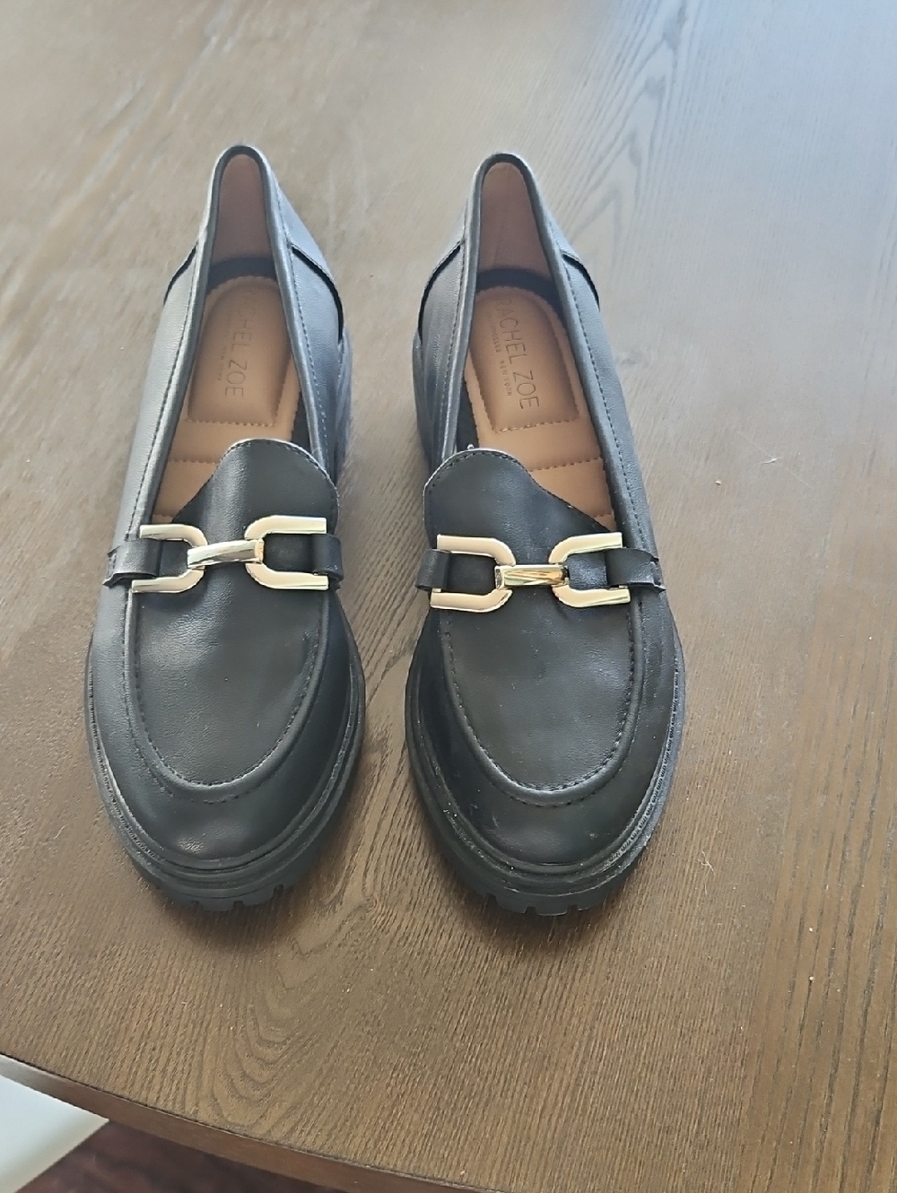 Rachel Zoe Black Leather Loafer with Gold Chain Accent